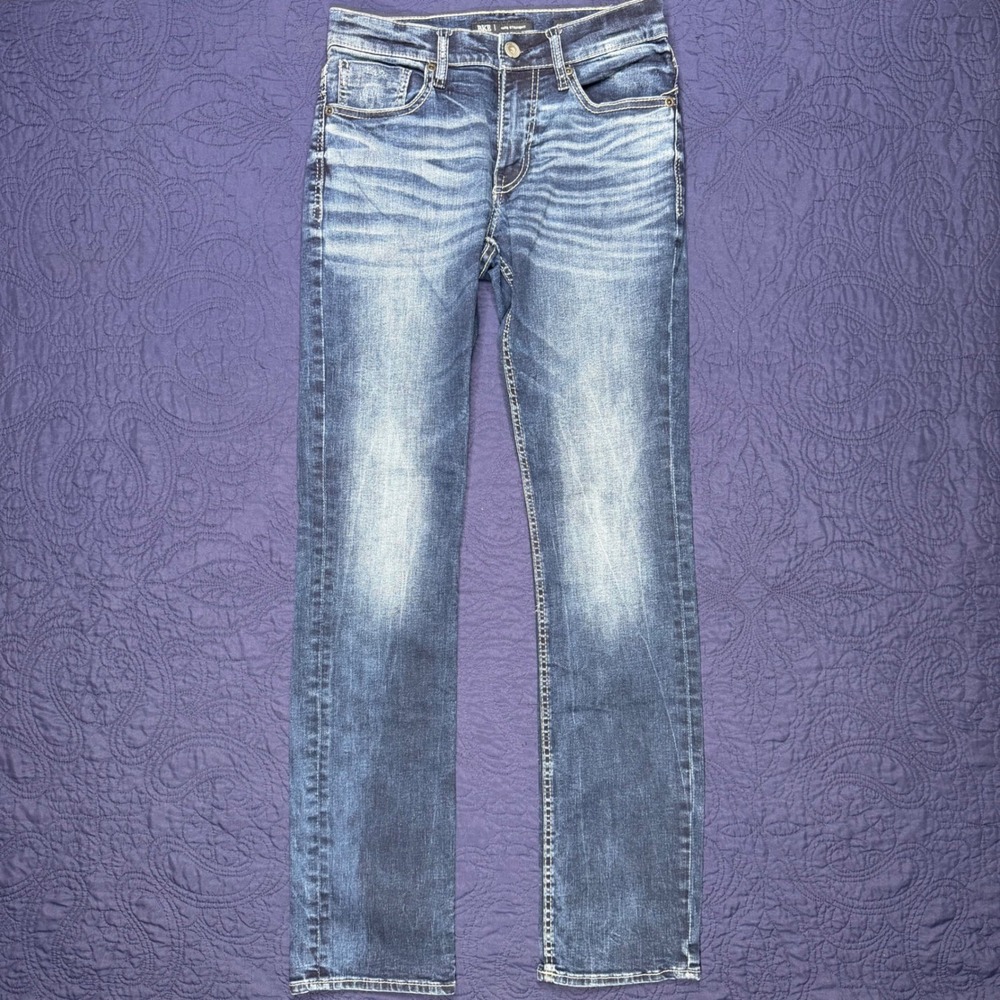 BKE Jake Straight Mens Jeans 29x34 Medium Wash Distressed Wisker Stretch Denim